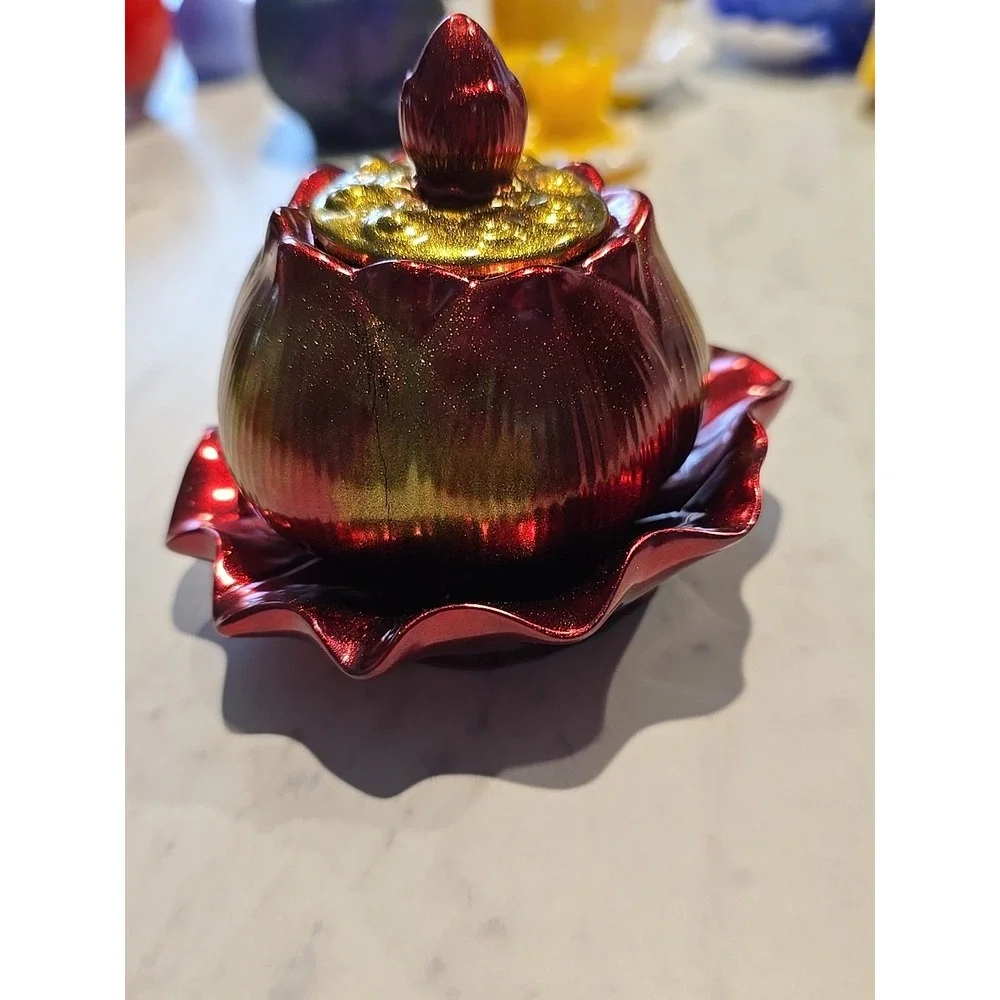 Resin Handmade Jar With Lid And Plate Holder Red Gold  Decoration Gift ‎ 625